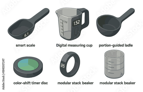 Innovative kitchen tools featuring smart scale, digital measuring cup, and modular stack beaker