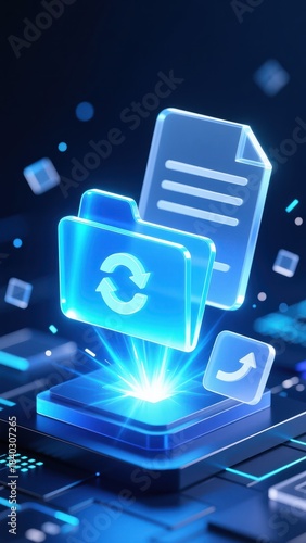 A glowing blue icons in a dark digital space showing data flow and system updates document management system concept