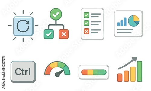 Set of digital interface icons with charts and controls