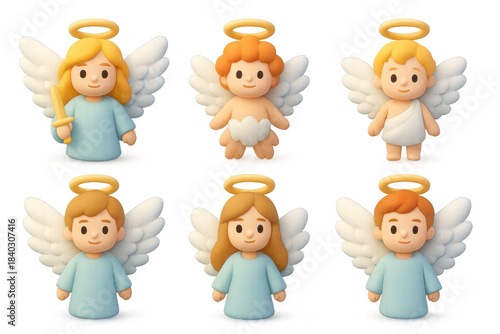 Cute angel icon set with cherubic characters for holiday design and decoration