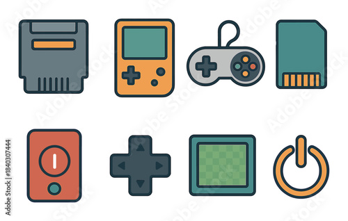 Retro gaming icons: cartridge, handheld, controller, and memory card