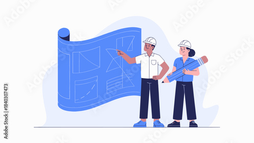 two architects in hard hats collaborating on a blueprint vector illustration