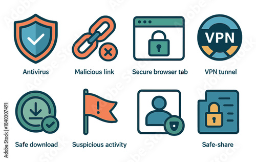 Cybersecurity icons: antivirus, vpn, secure browser, safe download, data protection