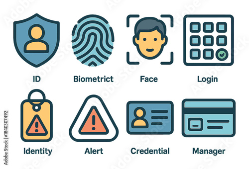 Digital security icons with biometrics and identity features