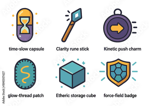 Magic icons: time-slow capsule, clarity rune, kinetic charm, glow patch, etheric cube, force-field badge