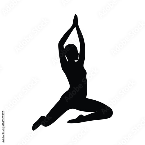 Black silhouette of a woman performing a graceful yoga pose with arms raised in prayer position