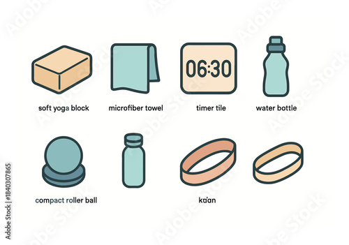Yoga and fitness accessories: soft block, microfiber towel, timer tile, water bottle, compact roller ball, bands