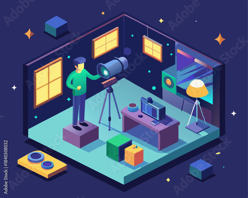 A person sets up equipment for night photography image. Isometric style. Vector illustration.