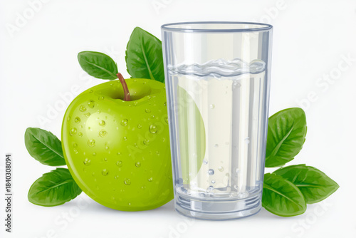Vivid illustration of a dewy green apple and a clear glass of water with lush leaves, evoking freshness and hydration, set against a clean white backdrop.