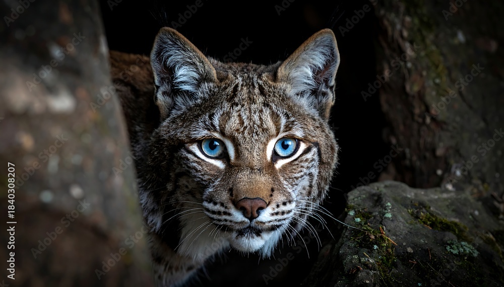 Obraz premium Eurasian lynx with striking blue eyes peering intently from between rocky, shadowed outcroppings