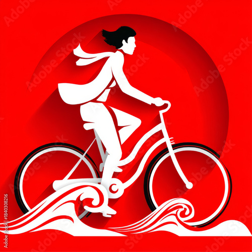 A confident woman rides a bicycle with a flowing scarf in a bold, modern red and white abstract illustration, symbolizing freedom and movement, ideal for energetic campaigns.