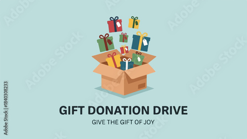 Gift donation drive with colorful presents overflowing from box, emphasizing generosity and kindness. Gift donation drive promotes joy and kindness during giving seasons.