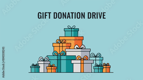 Gift donation drive with colorful stacked presents wrapped in various patterns and ribbons. Gift donation drive showcases vibrant boxes and cheerful designs for charitable events and celebrations.