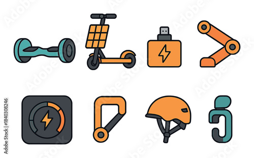Electric mobility and energy icons set featuring gadgets and accessories