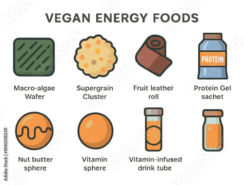 Vegan energy foods: macro-algae, supergrain, fruit leather, protein gel, nut butter, vitamin sphere