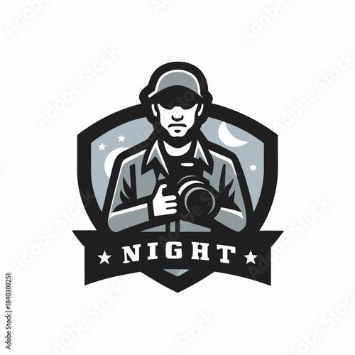 A man with a camera emblem. Photographers' club logo. Flat style. Vector illustration.