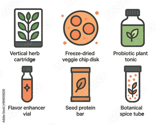 Futuristic food icons: herb cartridge, veggie chip disk, plant tonic, spice tube