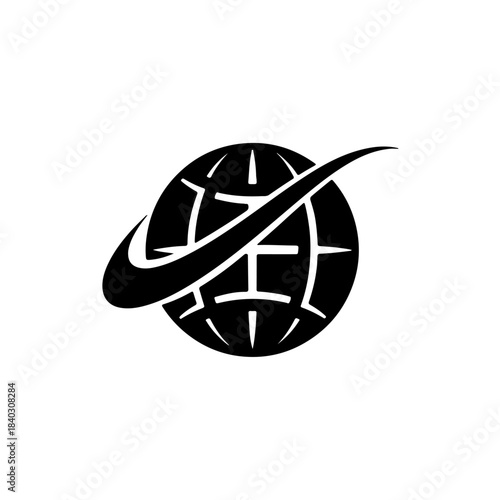 Abstract black and white globe logo with swoosh element representing global reach and dynamic movement in business. isolated on transparent background