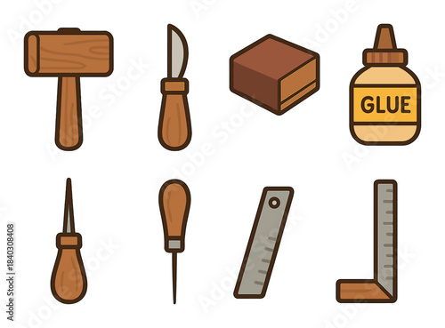 Woodworking tools set illustration with mallet knife awl glue square ruler