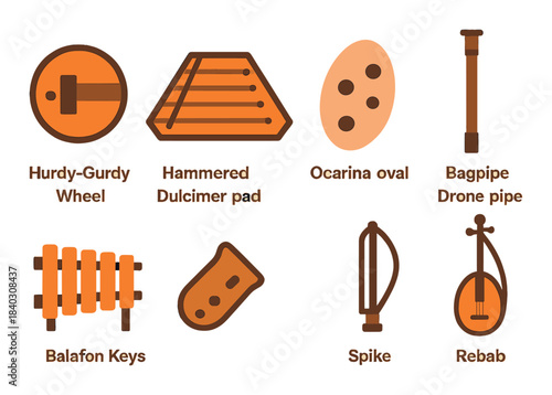 Collection of musical instrument symbols featuring hurdy-gurdy and hammered dulcimer
