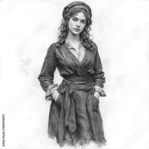 A confident young woman in a vintage dress poses calmly with hands in pockets, captured in a detailed black and white pencil sketch style against a minimal white backdrop.