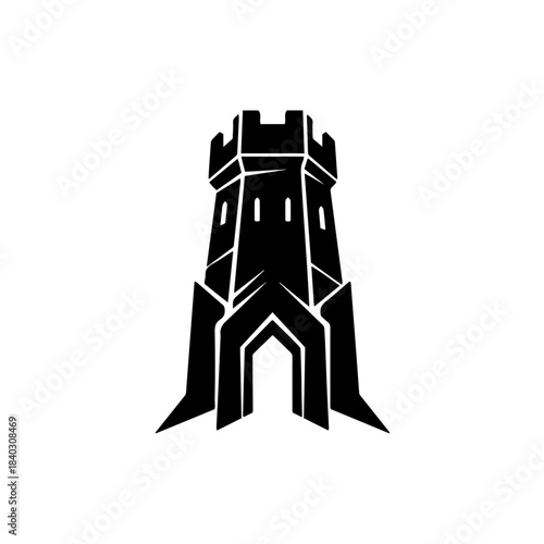 Stylized black icon silhouette of a medieval castle tower with battlement crenellations and arched entrance isolated on transparent background