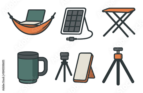 Camping gear essentials: solar charger, foldable table, hammock, mug, tripods
