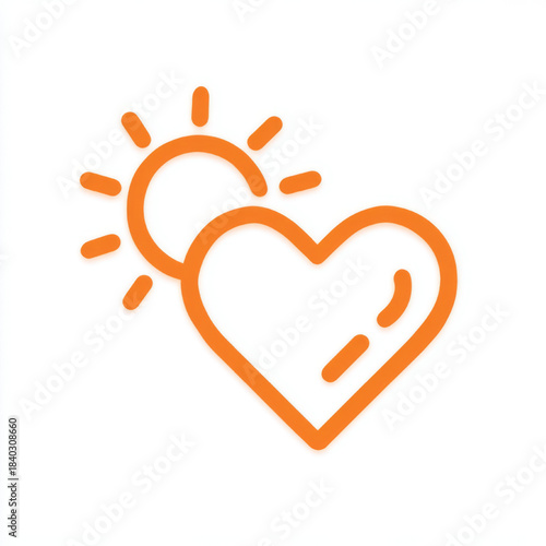 Modern orange heart and sun outline icon on a clean white background, ideal for wellness, positivity, summer, or healthcare concepts with ample copy space.