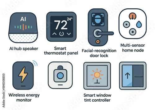 Smart home devices: ai speaker, thermostat, door lock, multi-sensor, energy monitor, tint controller