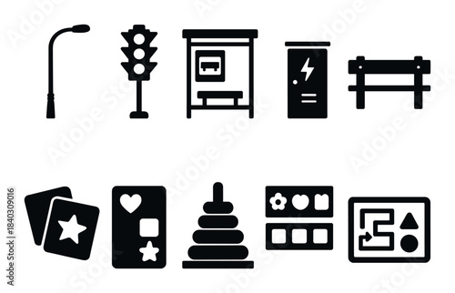 Black silhouette icons on textured background: streetlight, traffic light, bus stop, electrical box, bench