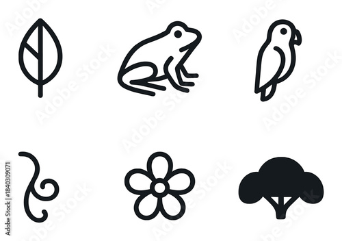 Nature-inspired black icons: leaf, frog, bird, vine, flower, tree silhouettes