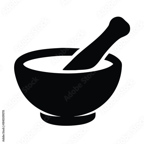 Simple black silhouette icon representing a mortar and pestle for grinding herbs or mixing ingredients