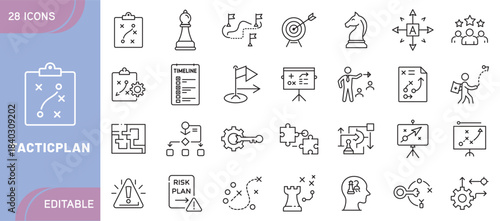 Tactic Plan Icons – Strategy, Planning, Workflow, Decision Making, Business Goals, Management, Productivity, and Strategic Action Symbols