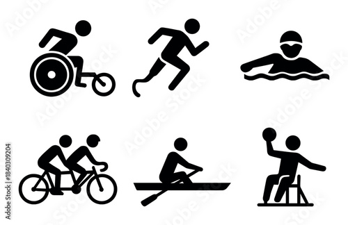 Paralympic sports icons: wheelchair, running, swimming, cycling, rowing, basketball