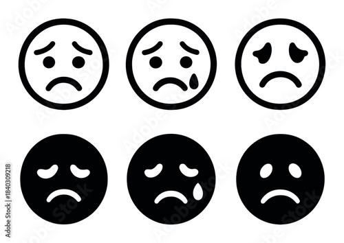 Set of six emojis with sad expressions on gradient background