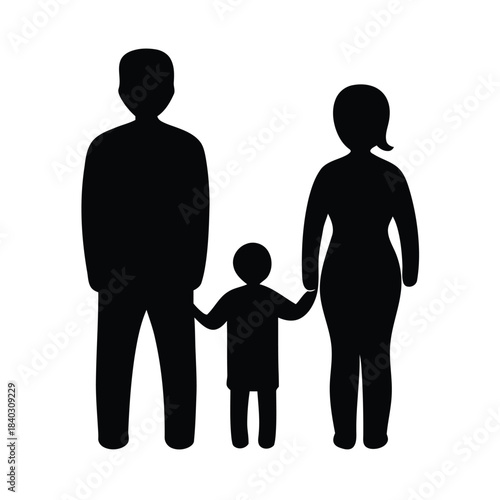 Simple black silhouette icon representing a nuclear family unit with parents and one small child