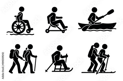 Accessible outdoor activities: wheelchair, cycling, canoeing, hiking, skiing icons