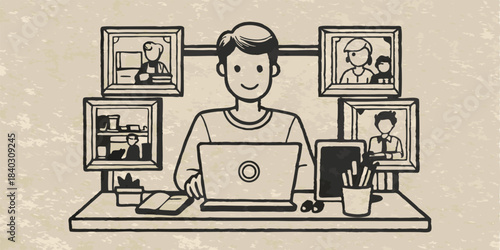 A person creating an online portfolio monochrome vintage image. Flat vector illustration.
