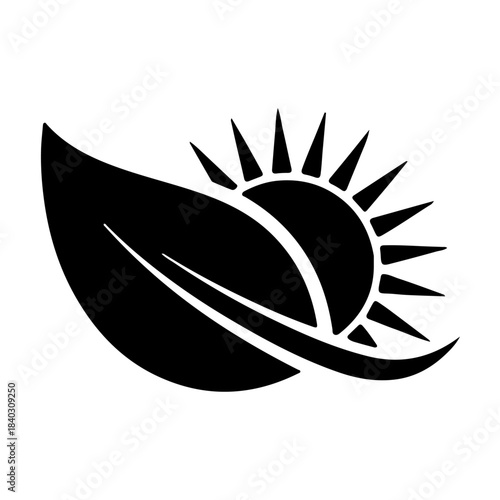 Stylized black leaf silhouette merged with a rising sun icon, representing nature and growth. isolated on transparent background