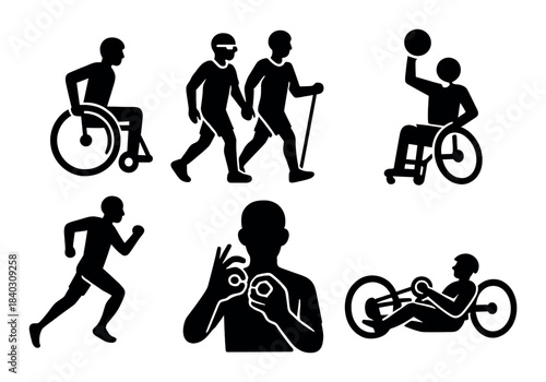 Inclusive sports symbols featuring diverse athletes in pictogram style