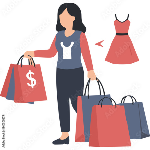 Woman Carrying Shopping Bags With Red Dress Illustration In Coral And Blue Colors Simple Flat Design Vector