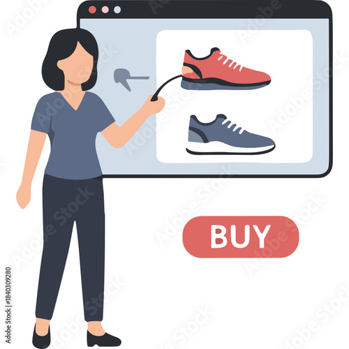 Woman choosing between red and blue athletic shoes displayed on a digital screen with a buy button, illustrating online shopping and purchasing decisions