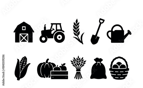 Silhouettes of farm and agriculture tools and produce icons