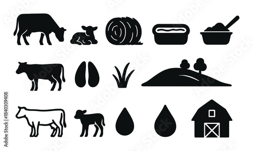 Silhouette icons of farm life featuring cows, calves, barn, and hay
