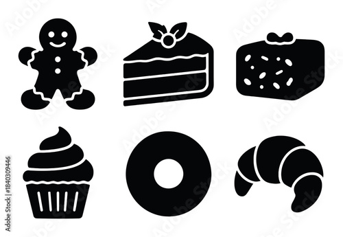 Silhouette of assorted baked goods: cake, cupcake, donut, and more