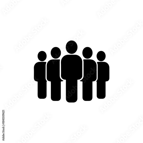 A group of five simple black human icon figures standing together in a line, representing teamwork and community on a white background. isolated on transparent background