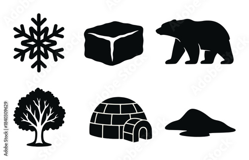 Silhouettes: snowflake, ice cube, polar bear, tree, igloo, hill with dark background