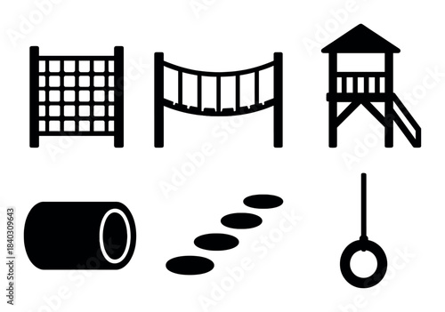 Silhouette icons of playground equipment including slide, swings, and climbing frame