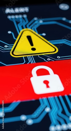 Cybersecurity alert: warning sign and lock symbol on circuit board background