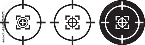 Target icons set. Aim sniper shoot group. Ambition and opportunity symbols. Gun target icons in minimalistic thin line strokes designs. Focus group icon. Editable stroke line icons